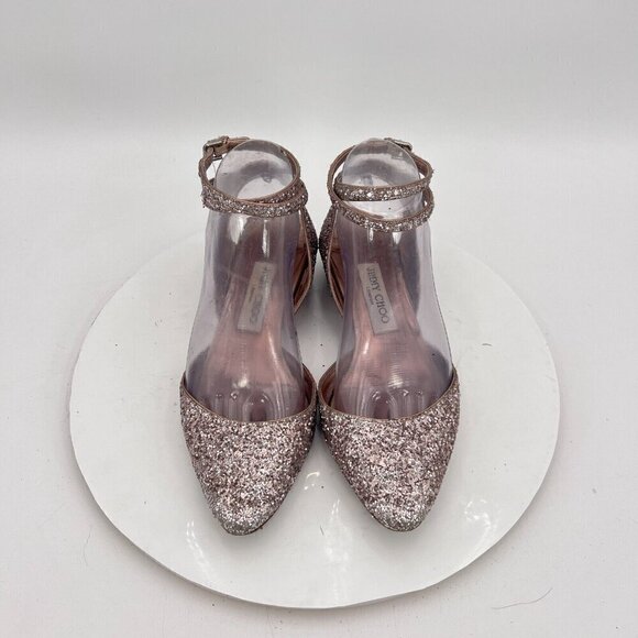 Jimmy Choo Women Size EU 37 US 7 Silver Pink Glitter Ankle Strap Low Heel Sandal - Picture 3 of 16